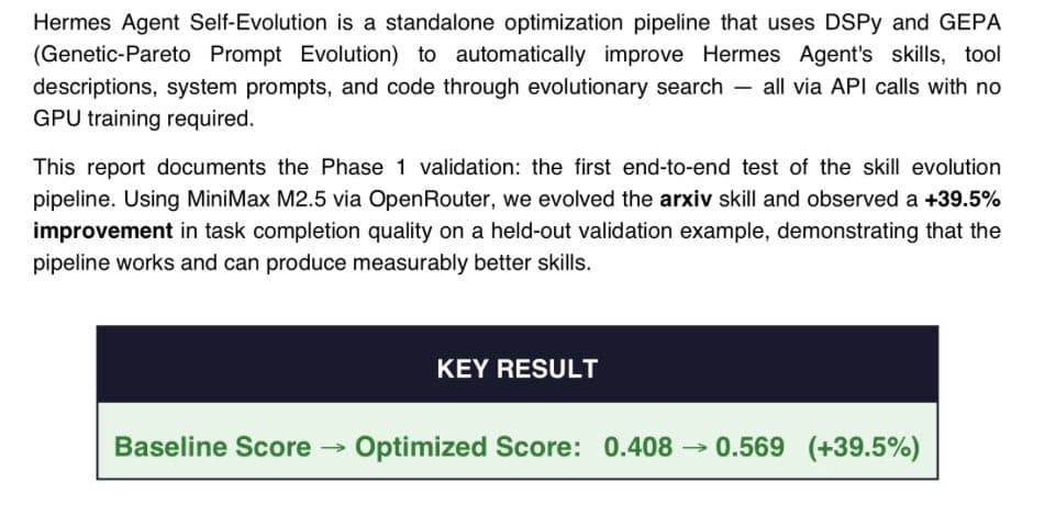 Hermes Agent introduces self-evolution with a reported 39.5% quality gain