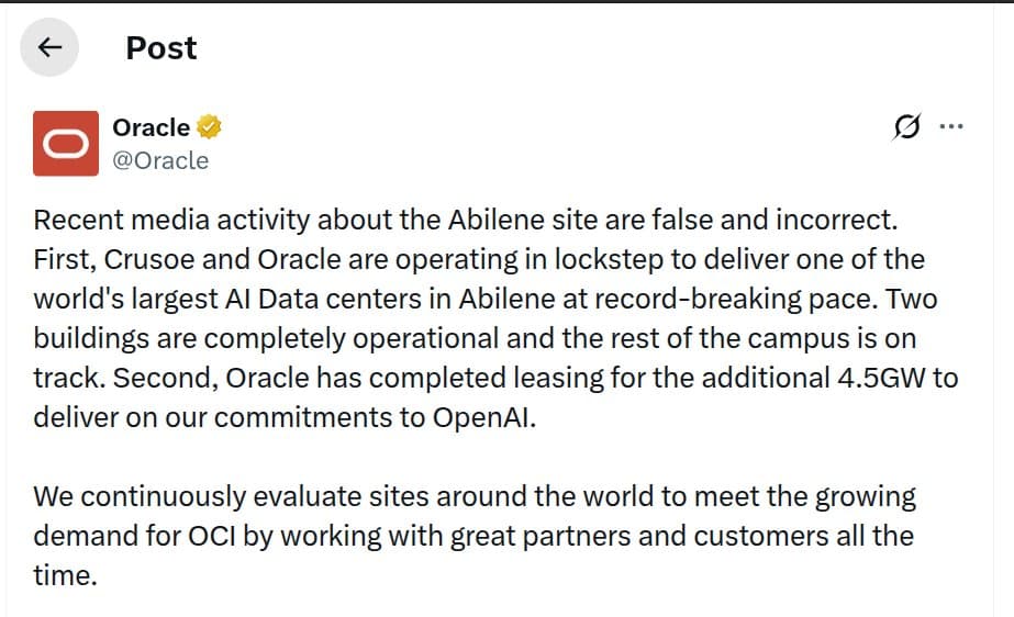 Oracle says Abilene AI data center stays on schedule with 200MW operational