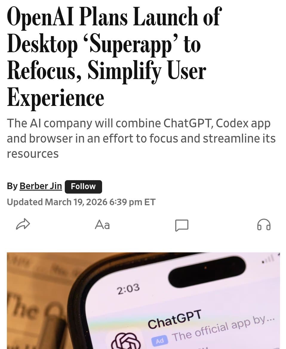 WSJ reports OpenAI plans desktop app to merge ChatGPT, Codex, and browser