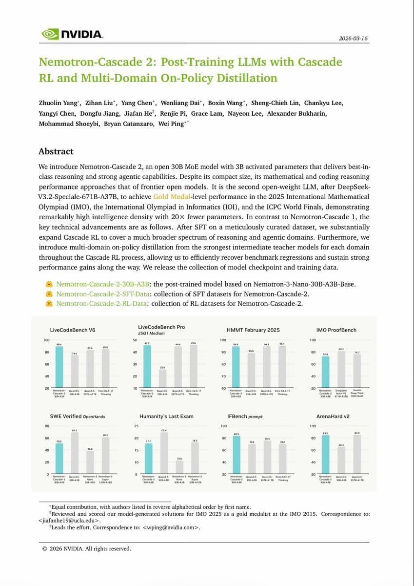 NVIDIA releases Nemotron-Cascade 2 30B-A3 with IMO gold-level claims and Ollama support