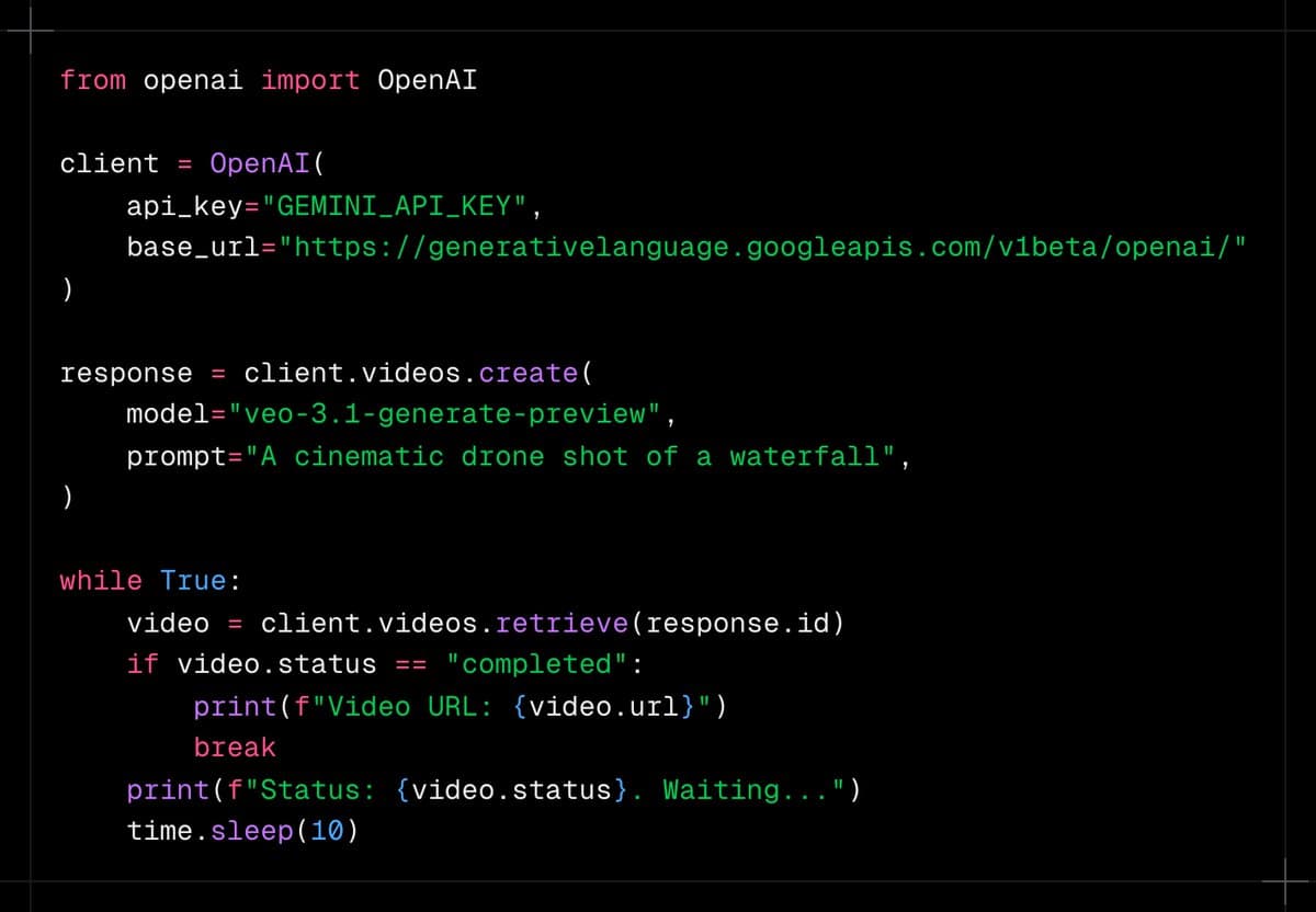 Gemini API adds OpenAI-compatible Veo 3.1 video and image endpoints