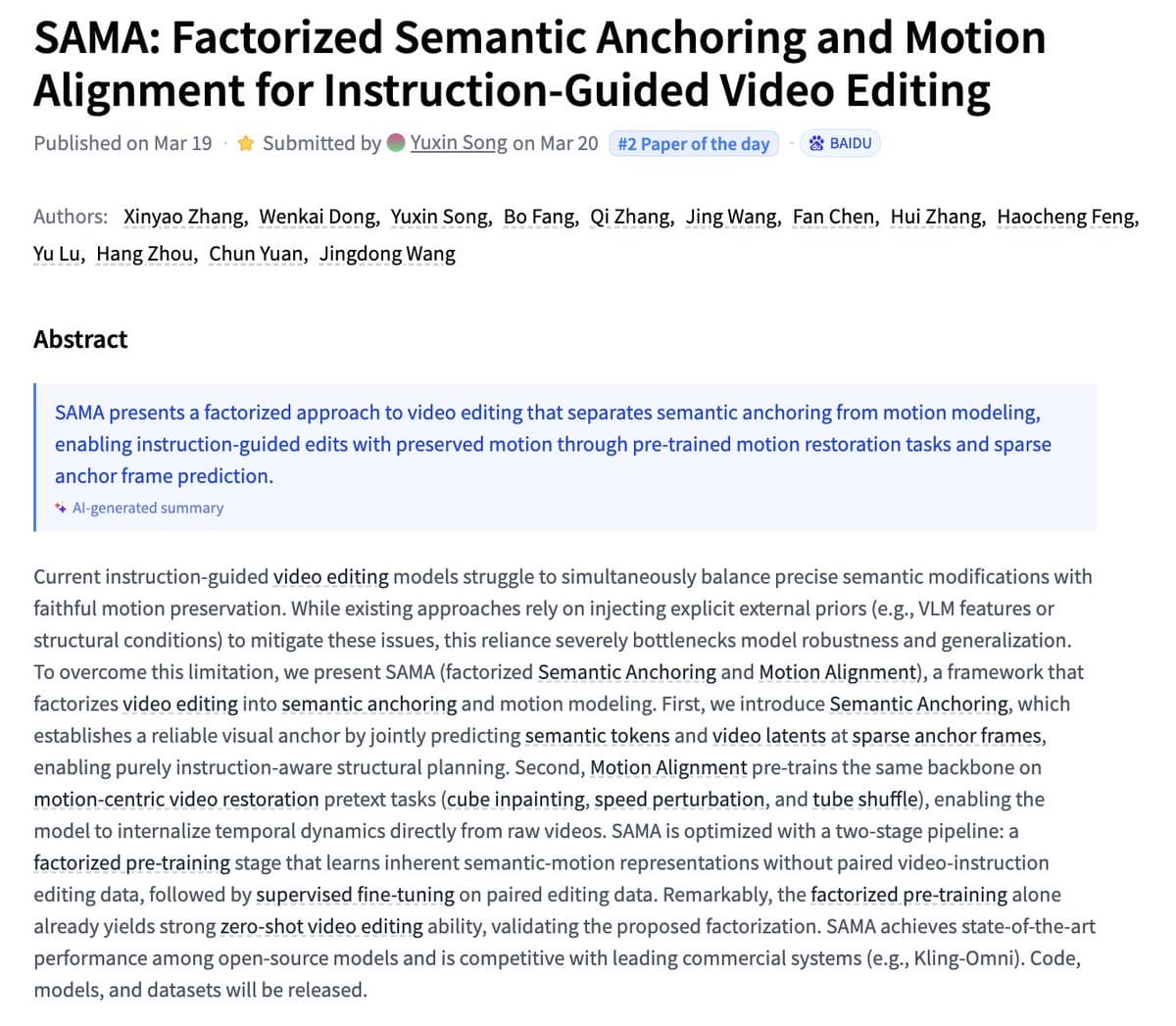 SAMA releases 14B instruction-guided video editing with sparse anchor frames