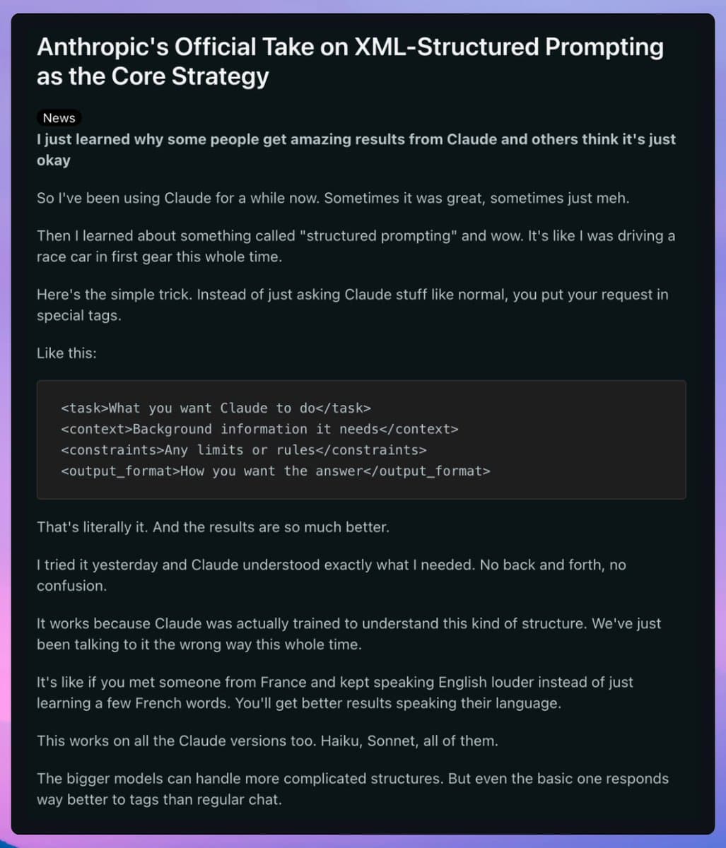 Claude adds XML-tagged prompts for task, context, constraints, and output format