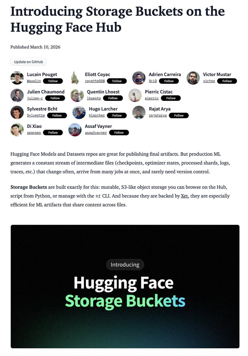 Hugging Face launches Storage Buckets for mutable checkpoints, logs, and agent traces