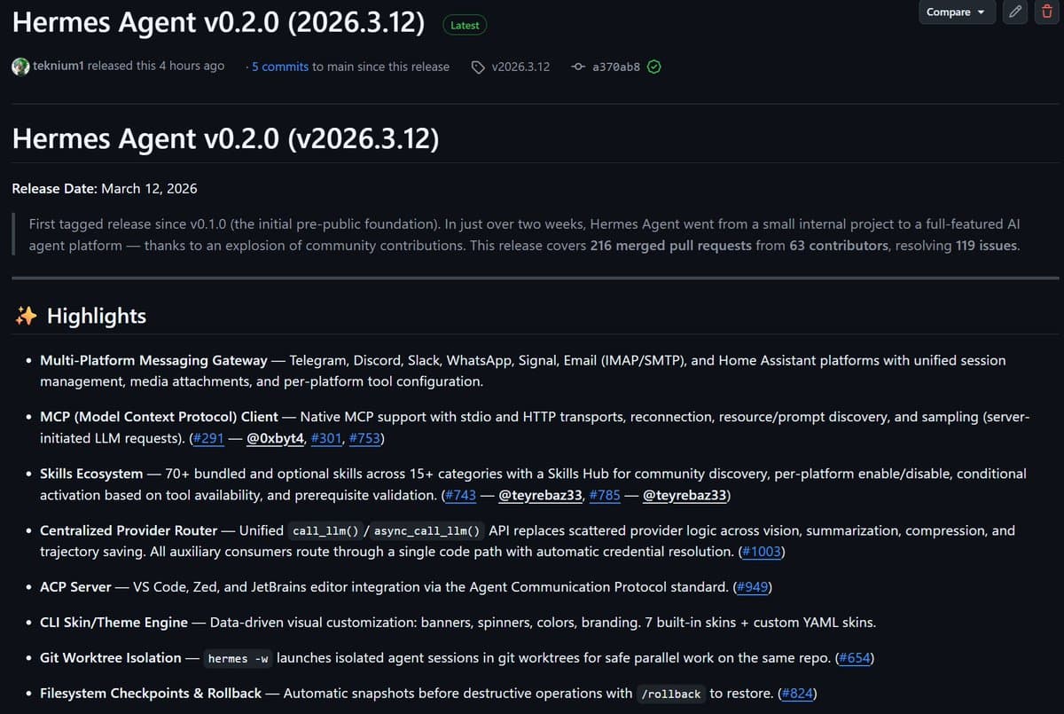 Hermes Agent releases v0.2.0 with MCP client, editor links, and 70+ skills