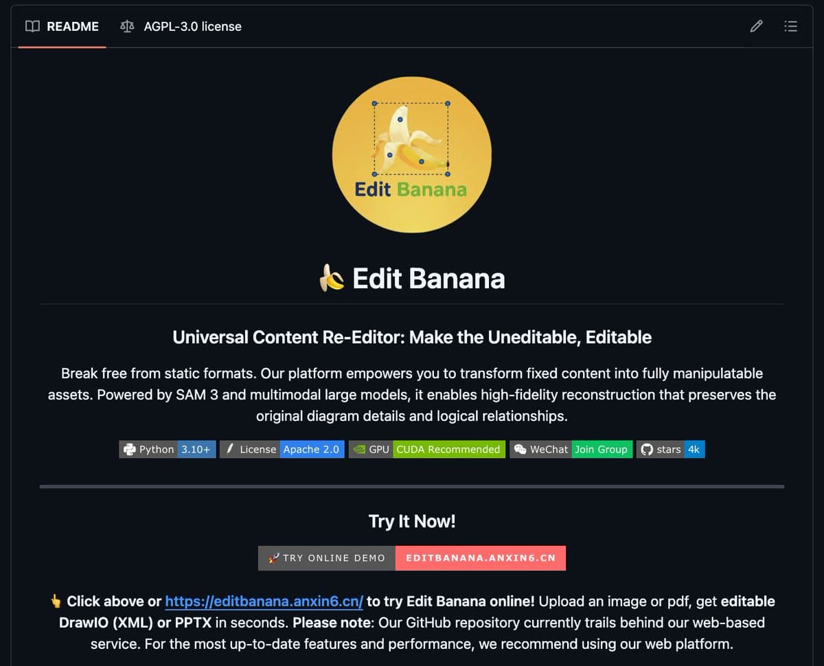 Edit Banana opens DrawIO exports from screenshots with SAM 3