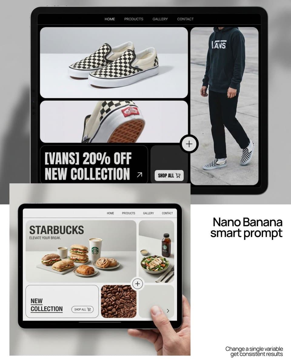 Nano Banana supports bento-grid brand mockups with single-variable prompt swaps