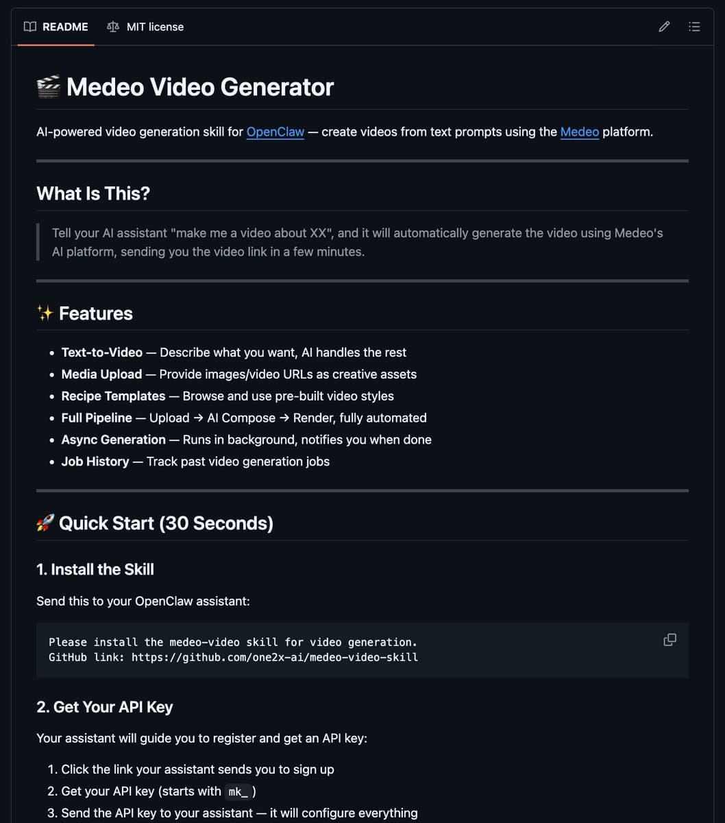 Medeo Video Skill releases OpenClaw chat-to-video setup with 30-second API-key install