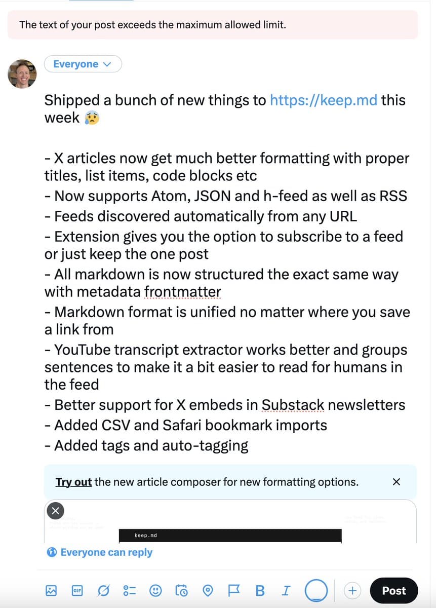 Keep adds an in-app feed reader for saved bookmarks
