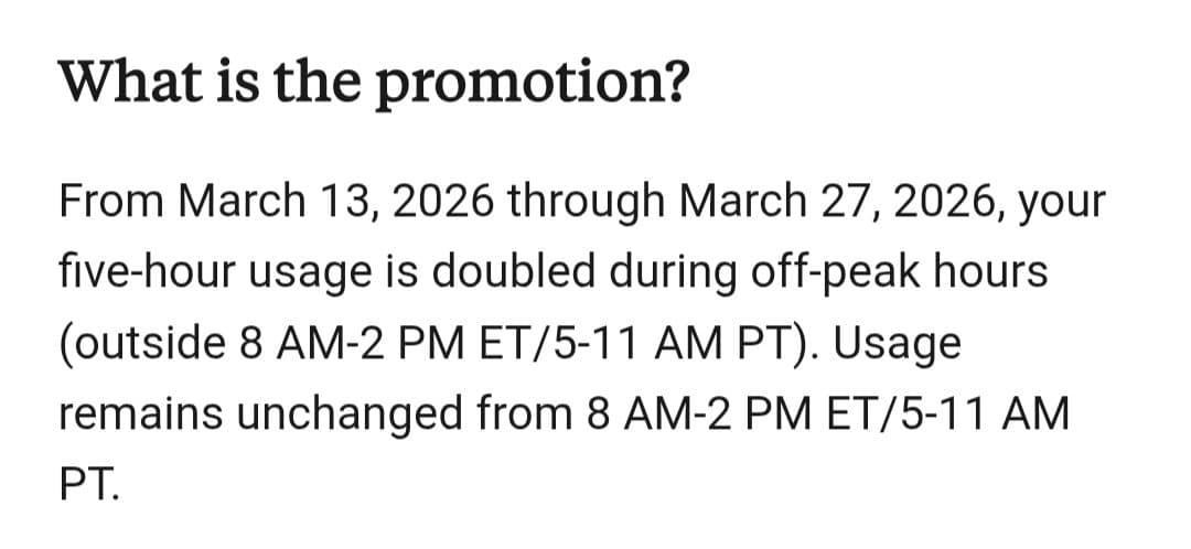 Anthropic raises Claude off-peak usage 2x across Free, Pro, Max, and Team through Mar. 27