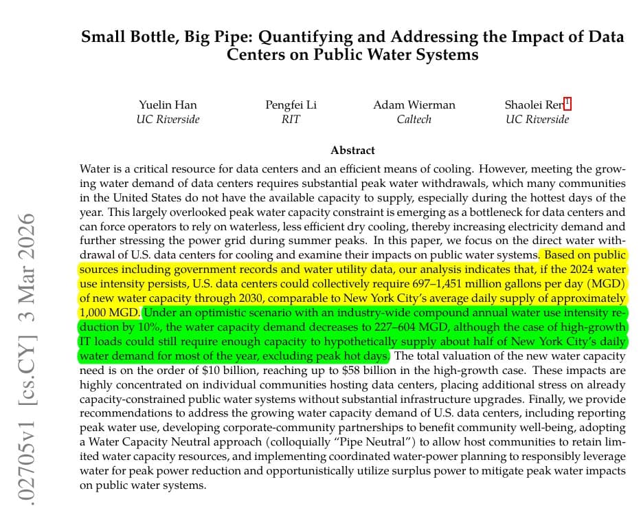 Researchers report US data centers may need 697–1,451 MGD of new water capacity by 2030