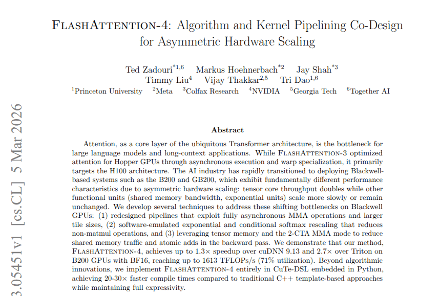 FlashAttention-4 benchmarks 1613 TFLOPs/s on B200, 1.3x over cuDNN 9.13