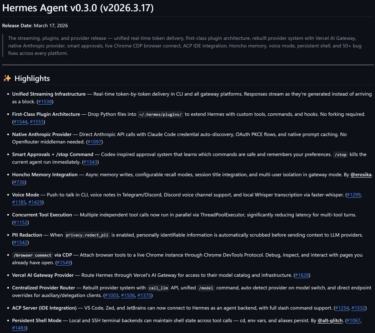 Hermes Agent releases v0.3.0 with plugins, live Chrome CDP, and ACP IDE support