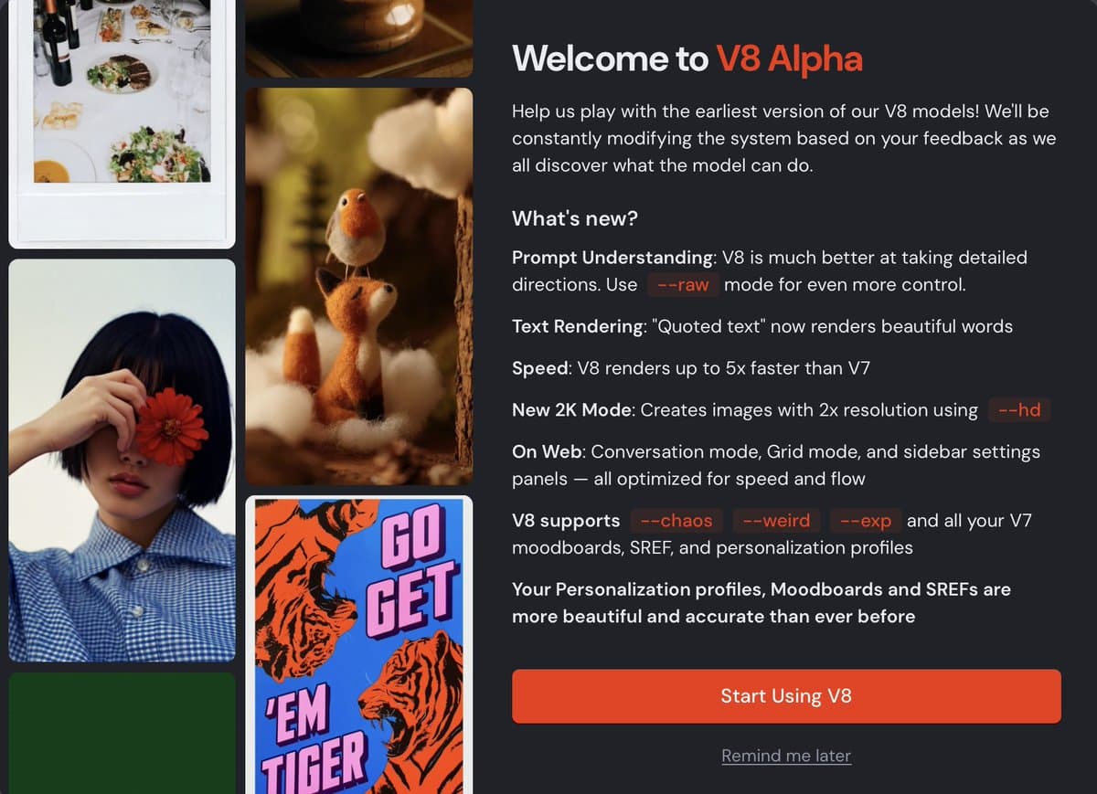 Midjourney ships V8 Alpha with native 2K, 5x faster renders, and better text rendering