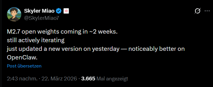 MiniMax M2.7 reportedly opens weights in about 2 weeks