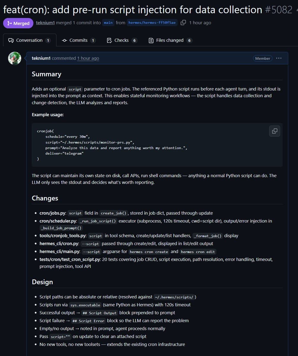 Hermes Agent adds /claude-code orchestration and cron hooks