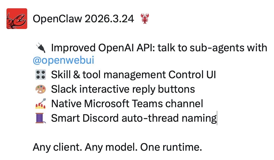 OpenClaw releases 2026.3.24 with Teams, OpenWebUI, and skill-control UI