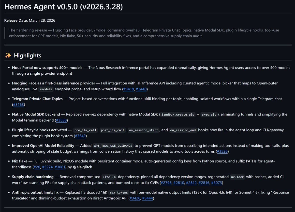 Hermes Agent ships v0.5.0 with 400+ Portal models and Exa support
