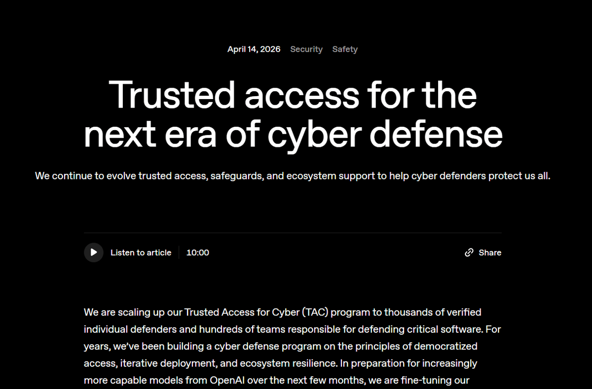 OpenAI opens GPT-5.4-Cyber to Trusted Access for Cyber tiers