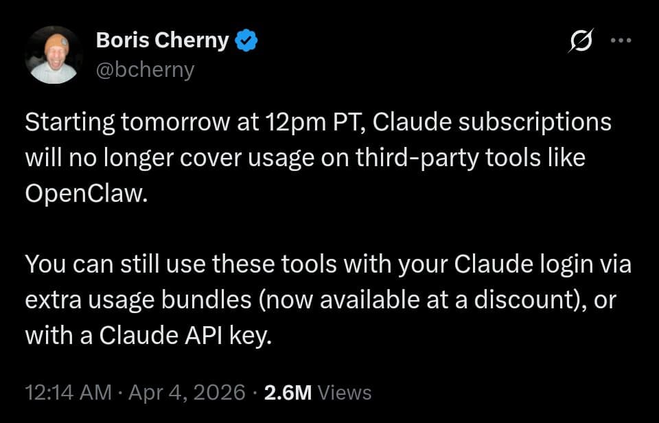 Anthropic cuts Claude subscription access for third-party harnesses in Apr. 4 rollout