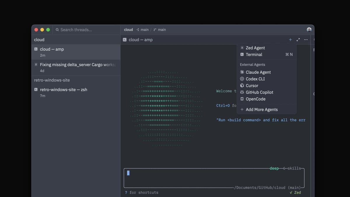 Zed releases v1.3.5 Terminal Threads for Claude, Amp, and Pi sessions