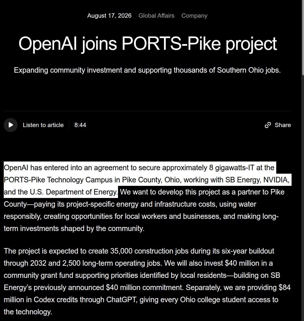 Report: OpenAI reportedly commits to 8 GW of Ohio AI capacity